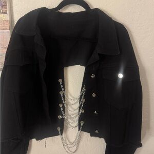 Black Cropped Jacket with Silver Chain Detail